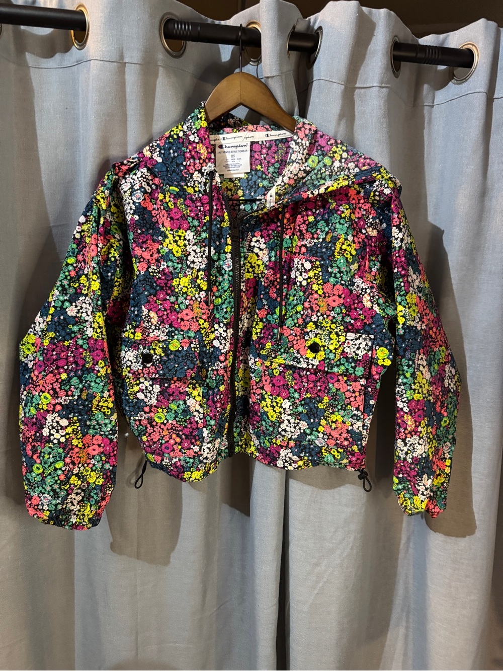 Champion Floral Hooded Zip Jacket - Black with Pink, Blue, Green, Yellow Accents